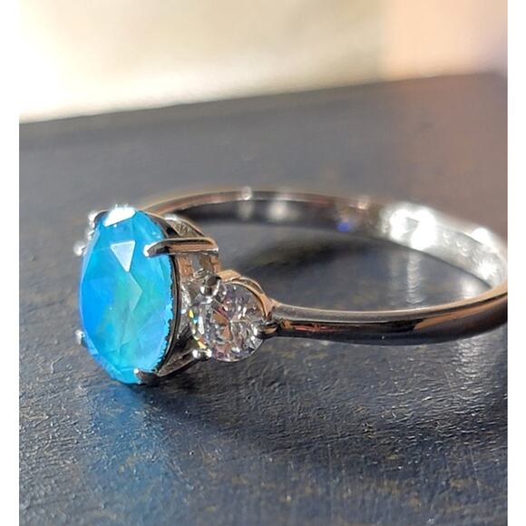 Stunning Rhodium-Plated Size 10.5 Ring with Blue Gemstone and Diamond Accents - Picture 2 of 12